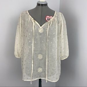 Umgee Sheer Anchor Peasant Blouse Cream & Silver M